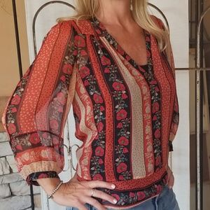 Ella Moss Floral Print Sheer Blouse 100% Silk